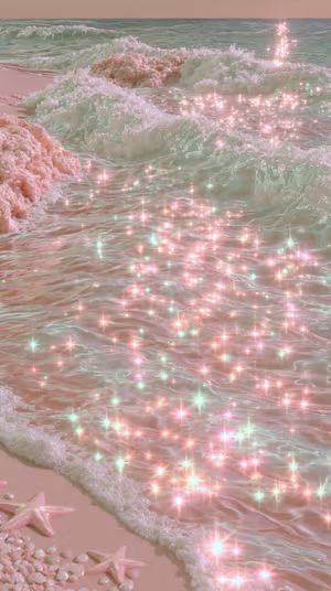 Dreamy pastel sparkling beach scene with pink mint shimmer and starfish, ultra HD 8K background