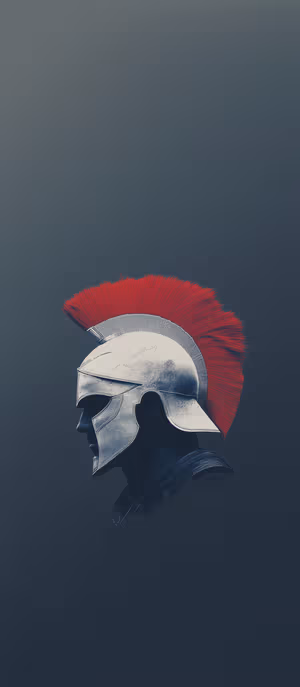 Minimalist Spartan helmet profile with red crest centered on a dark moody background, ultra HD 8K phone background