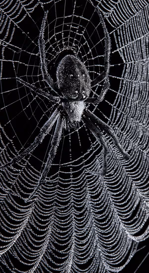 Macro spider and web centered on a black background in a high contrast monochrome aesthetic.