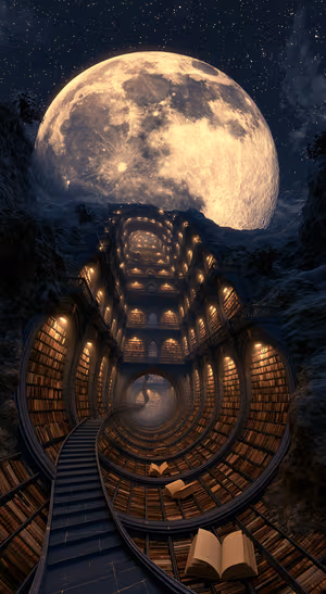 Surreal spiral library with glowing arches beneath a luminous gold moon on a deep navy sky ultra HD 8K background