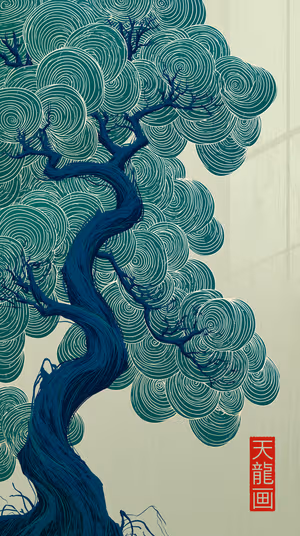 Japanese inspired Spiral Pine centered on a pale wood beige background with teal spiral foliage, ultra HD image