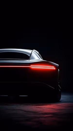 Glossy minimalist sports car rear with glowing red LED taillights on a dark reflective background, ultra hd 8K image.