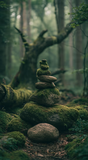 Minimalist stacked stones centered on a green forest background in a serene aesthetic