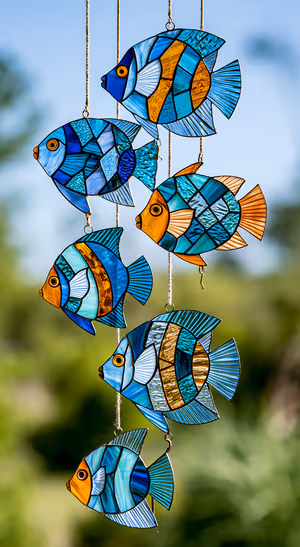 Stained glass fish centered on a blue and orange background in a stained glass aesthetic.