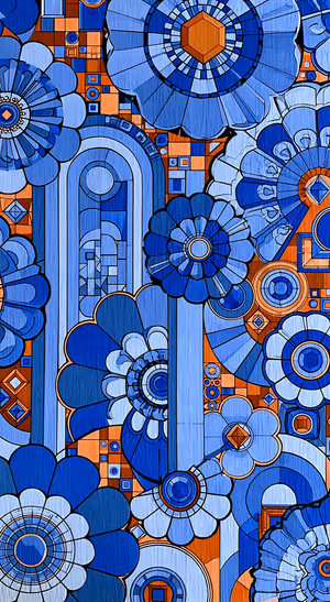 Stained glass floral pattern in blue and orange tones with a geometric aesthetic.