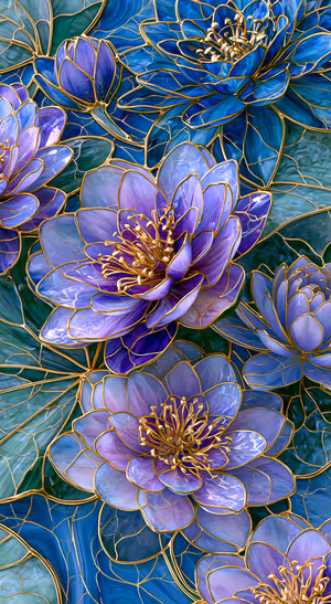 Stained glass flowers centered on a blue and purple background in an ornate floral aesthetic.