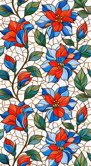 Stained glass floral pattern in red, blue, and green on a cream background with bold black outlines.