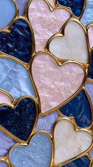 Stained glass heart mosaic with gold trim in pink, navy, and pearl tones ultra hd 8K phone background
