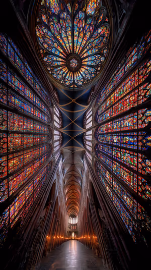 Gothic stained glass cathedral interior centered on a jewel toned background in ornate Gothic aesthetic, ultra HD image