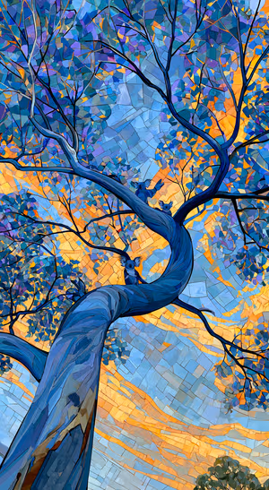 Blue Mosaic Tree Owls — iPhone lock screen wallpaper