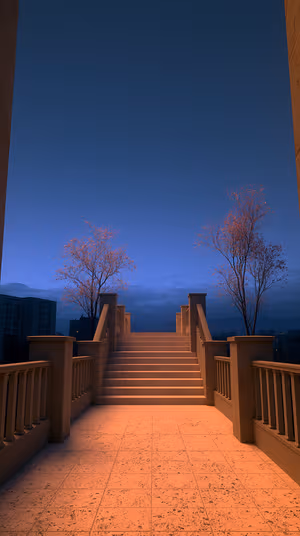 Cinematic staircase centered on a deep blue sky background with warm orange lighting in a minimalist, moody aesthetic. Ultra HD 8K.