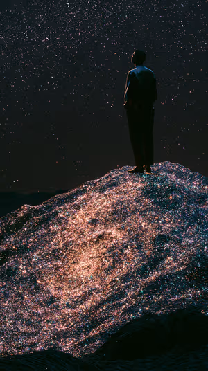 Surreal silhouette on a glittering star mound with black, purple and teal tones in a luminous minimalist style ultra hd 8k.