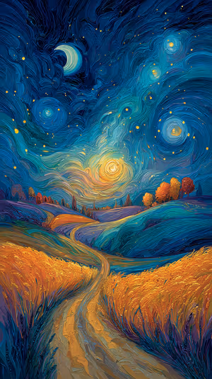Van Gogh–inspired painterly starry night landscape with crescent moon over golden path on blue and gold background ultra HD 8K image.