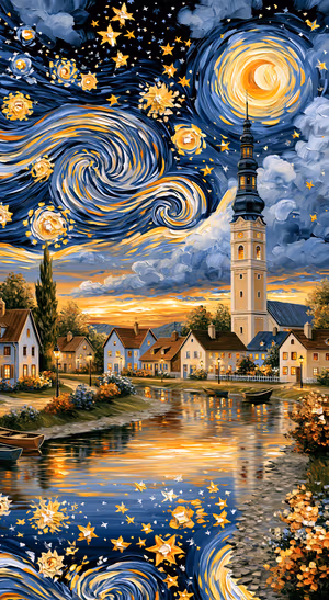 Post Impressionist inspired canal village and bell tower beneath a swirling blue and gold sky, an ultra HD wallpaper.