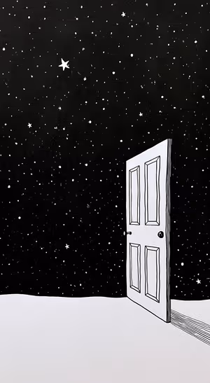 Minimalist stars and open door on a black background in a monochrome aesthetic.