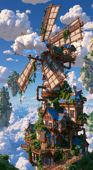 Steampunk windmill village in a vibrant blue fantasy sky with clouds and floating cliffs.