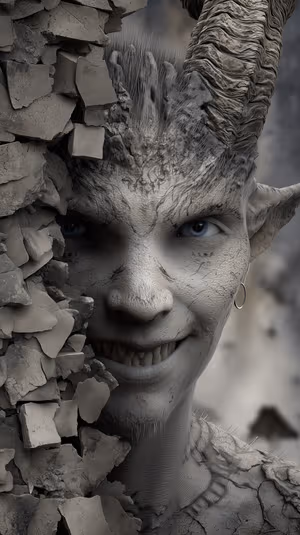 Dark fantasy horned imp portrait centered on a cracked gray stone background in a gothic ultra HD aesthetic.