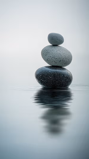 Minimalist stone stack centered on a muted gray blue background with water reflection; ultra hd 8K background