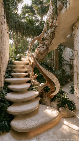 Biophilic sculptural stone staircase with carved wooden banister on warm beige and green background ultra HD 8K