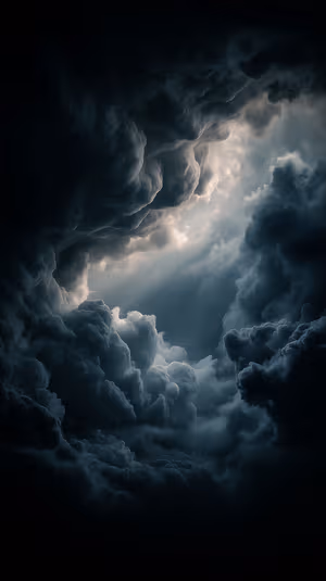Cinematic storm clouds with a central crepuscular light shaft on a blue gray moody background, ultra HD 8K image