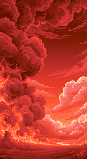 Digital painting storm clouds centered on a crimson red background in dramatic illustrative style.