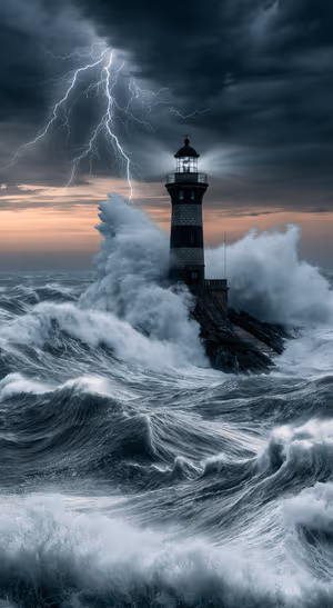 Dramatic lighthouse beneath lightning over a blue gray storm ocean in a cinematic aesthetic.