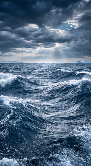 Realistic stormy ocean centered on a deep blue background in a dramatic seascape aesthetic.