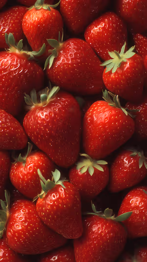 Macro closeup of juicy strawberries centered on a rich red background in a glossy realistic aesthetic, ultra HD image.