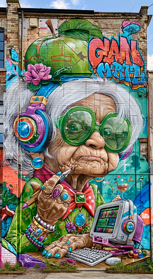 Street art granny mural in a colorful graffiti style with neon tones and green glasses