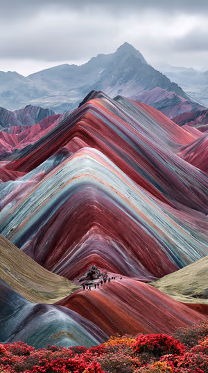Vibrant striped mountain landscape centered on red and teal ridges in a surreal textured aesthetic, ultra HD