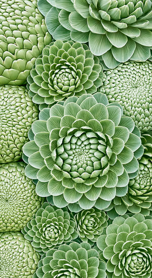 Botanical succulent rosettes layered across a soft green background in a macro aesthetic.