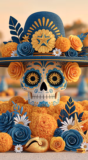 Floral sugar skull in a folk art style with blue, orange, and gold tones.
