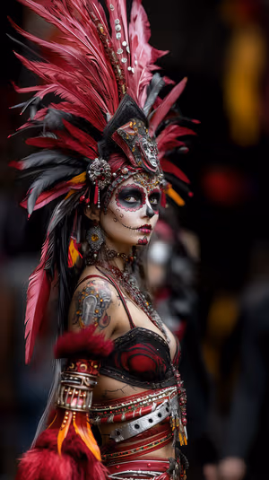 Festival portrait sugar skull centered on a red and black background with feather headdress ultra HD