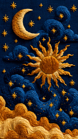 Golden Sun Moon Embroidery
