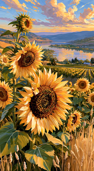 Painterly sunflower field centered on a golden yellow background in a painterly aesthetic.