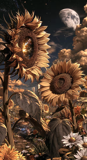 Moonlit Sunflower Garden — iPhone lock screen wallpaper