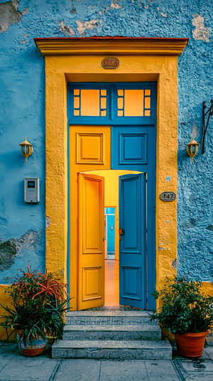 Vibrant Mediterranean style doorway with blue and yellow tones in a sunlit, textured aesthetic, ultra HD for iPhone lock screens.