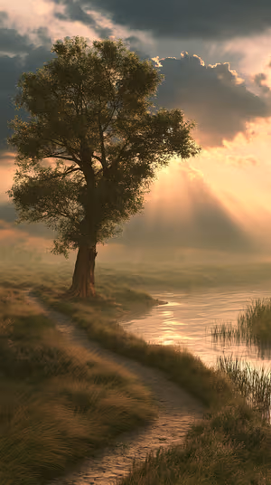 Cinematic landscape sunlit river path with lone tree on golden green background in a moody aesthetic, ultra HD
