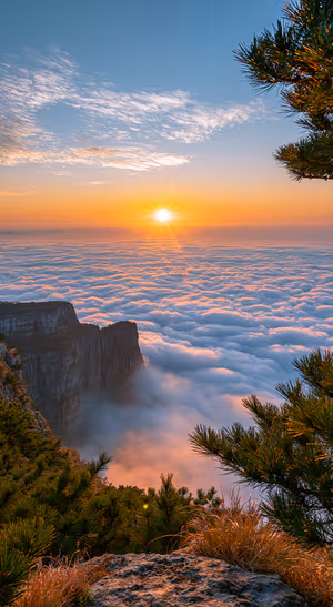 Natural sunrise mountain landscape centered on orange and blue tones in a scenic aesthetic.