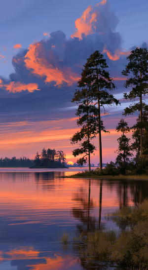 Digital painting of a calm lake and pine trees beneath a coral sunset sky