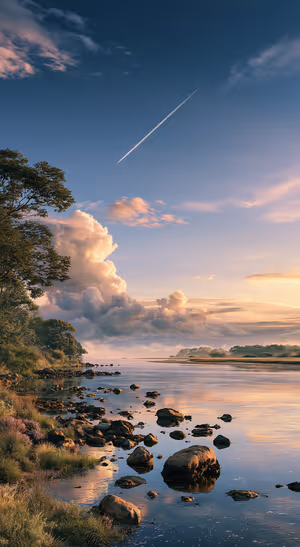 Scenic river landscape in a realistic style with blue, peach, and gold sunset tones.