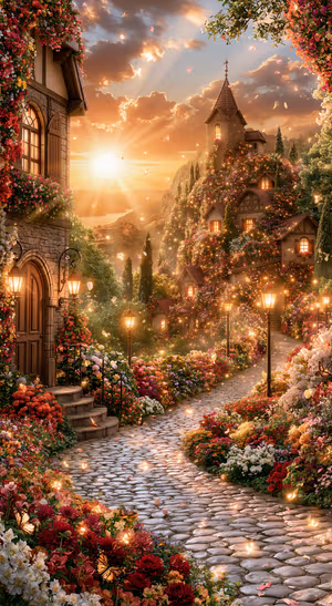 Cottagecore sunset village with lantern lit cottages and flower lined cobblestone path in warm golden tones