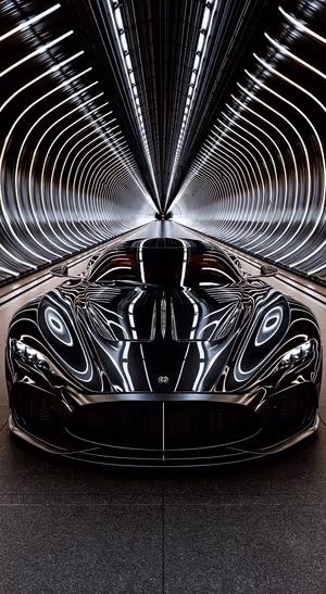 Cyberpunk black supercar centered in a silver tunnel with reflective lighting, ultra HD background