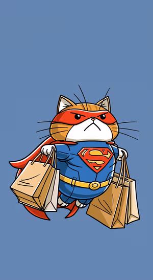Cute cartoon superhero cat centered on a blue background in comic book style.
