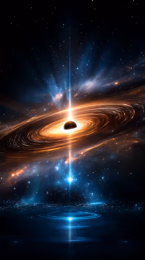 Luminous cosmic black hole with a golden blue accretion disk centered on a deep space background in a futuristic space aesthetic ultra HD.