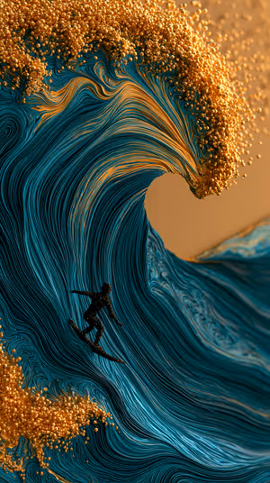 Abstract fluid surf wave with silhouetted surfer on teal strands and gold bead froth, ultra HD 8K background