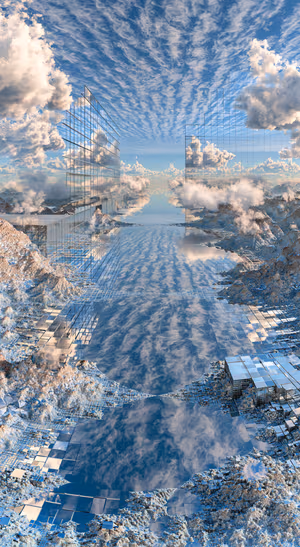 Surreal glass architecture reflected in blue water beneath a cloud filled sky