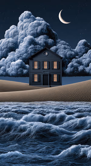 Surreal house beneath towering clouds and a crescent moon in a dark blue aesthetic.