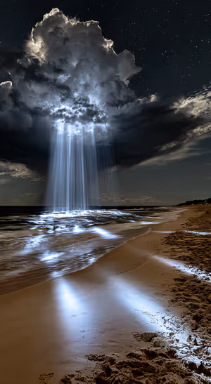 Surreal moonlit beach centered on a blue gray background in a cinematic surreal aesthetic.