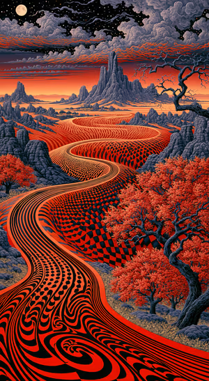 Surreal desert landscape with crimson dunes, black patterns, and twisted trees under a starry sky.